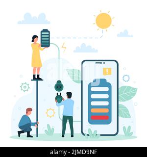 Illustration de vecteur énergie solaire pour la production d'électricité. Les minuscules personnages de dessin animé chargent le téléphone portable avec une batterie faible, les personnages utilisant une source d'alimentation alternative écologique pour le système de chargeur de smartphone Illustration de Vecteur