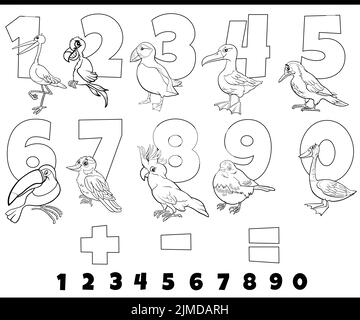 Dessin animé noir et blanc illustration de nombres éducatifs ensemble de un à neuf avec les personnages animaux drôle d'oiseaux page de coloration Illustration de Vecteur