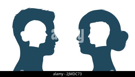 Silhouettes de tête de femme et d'homme échangeant des idées avec l'esprit ouvert prenant les uns les autres perspective - illustration vectorielle Illustration de Vecteur