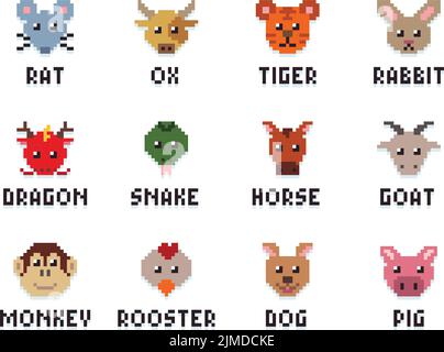 Un pixel art vecteur de têtes d'animaux mignons montrant les 12 signes chinois de zodiaque shio sur fond blanc Illustration de Vecteur