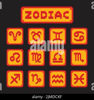 A pixel art vector of zodiac signs emblem in red and yellow on the dark background Stock Vector