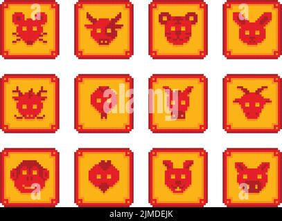 A vector illustration of 12 Shio Chinese zodiac sign emblem set pixel art animal head Stock Vector