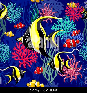 Un vecteur sans couture d'un poisson ange et d'un poisson clown sur fond sombre Illustration de Vecteur