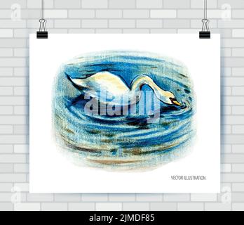 Dessin d'un cygne en crayon de couleur. Illustration vectorielle. illustration d'animal dessiné à la main. Illustration de Vecteur
