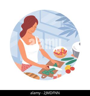 Une jeune femme prépare un dîner maison dans la cuisine. Table de cuisine. Cuisine recette du dîner. Coupe la salade de légumes. Alimentation saine. La vie à la maison. Isomet Illustration de Vecteur