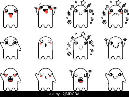 Ensemble de divers fantômes de dessin animé avec émoticônes. Doodle ghouls, yeux et bouche. Caricature expressive comic émotions, souriant, pleurant et surpris chara Illustration de Vecteur