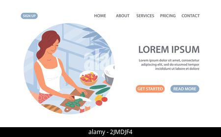 Une jeune femme prépare un dîner maison dans la cuisine. Table de cuisine. Cuisine recette du dîner. Alimentation saine. La vie à la maison. Conception pour bannière, site Web, Illustration de Vecteur