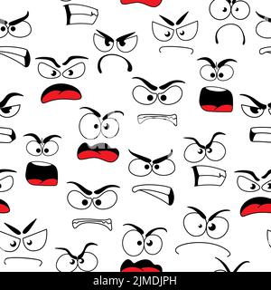 Dessin animé grumble et visages en colère sans coutures. Arrière-plan vectoriel avec des émoticônes négatives, des personnages de tétras avec des yeux mauvais et une bouche d'hurler. Griper expression faciale, growl , personnage de murmure comique Illustration de Vecteur