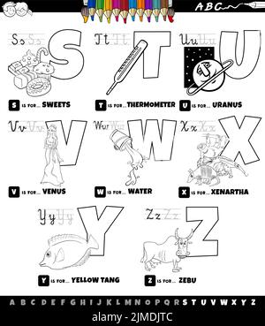 Dessin animé noir et blanc, lettres majuscules, alphabet éducatif set pour la pratique de lecture et d'écriture pour les enfants d'âge élémentaire De S t Illustration de Vecteur