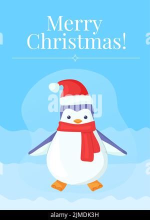 Carte de vœux de noël amusante avec pingouin dans un style de dessin animé. Illustration de Vecteur