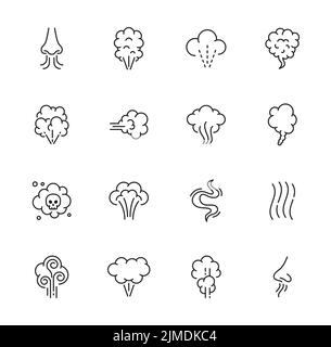 Icônes d'odeur, vapeur de fumée et nez odorant odeur, vapeur ou vapeur, symboles de lignes vectorielles. Mauvaise odeur ou odeur lapieuse et icônes de nuage de fumée toxique avec crâne, gaz odorant ou vapeur de fumée Illustration de Vecteur