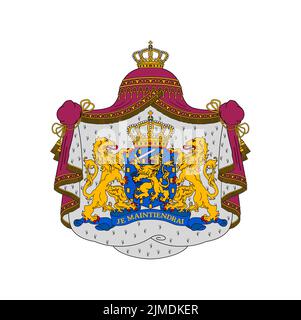 Blason néerlandais, bouclier heralsec et emblème héraldique, symbole hollandais vectoriel. Blason officiel du Royaume des pays-Bas avec lions, écusson et cimier de la couronne, emblème heralsec national avec devise Illustration de Vecteur