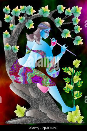 The Vertical vector graphic illustration of an Indian woman playing the flute sitting on a tree with Colorful background Stock Vector