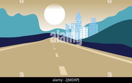 A vector illustration of a road leading to mountains through the city Illustration de Vecteur