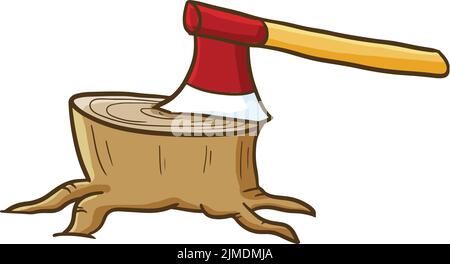 A vector illustration of an ax stuck in the wood on a white background Stock Vector