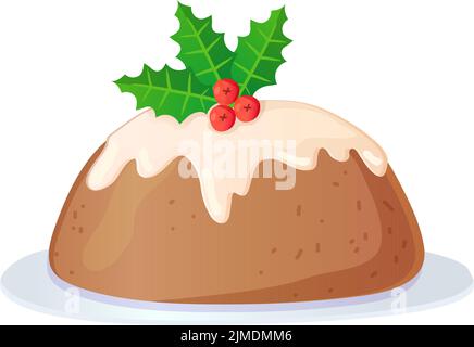 Pudding de noël traditionnel anglais avec glaçage et houx. Illustration vectorielle isolée sur blanc Illustration de Vecteur