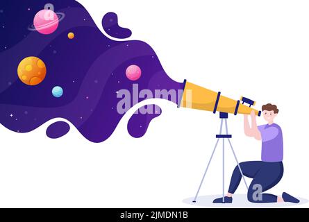 Dessin-modèle d'astronomie Illustration avec des gens qui regardent Starry de nuit ciel, la galaxie et les planètes dans l'espace extra-atmosphérique à travers le télescope en style main plate Illustration de Vecteur