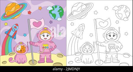 A coloring book page with the astronauts on the moon Illustration de Vecteur