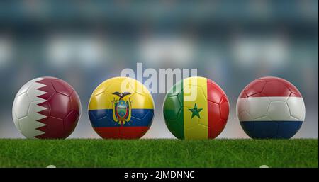 Ballons de football drapeaux nationaux groupe A sur le terrain de football. 3d illustration. Banque D'Images