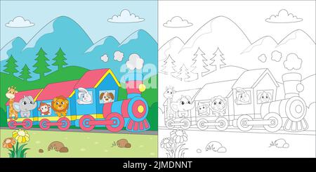 A coloring book page with different animals on the train Stock Vector