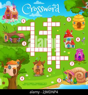 Maisons de contes de fées de dessins animés, feuille de travail de grille de mots croisés, trouver un jeu de quiz de mot. Puzzle à recherche vectorielle avec caramel, ruche, nid, bois, glands, champignons, fleurs et coquille d'escargot fantasy habitations test Illustration de Vecteur