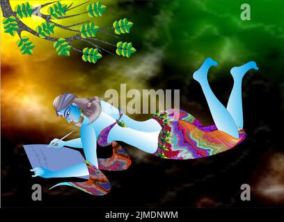 Vector Illustration graphics of a beautiful female lying down, writing a love letter on a piece of paper with colorful background Stock Vector