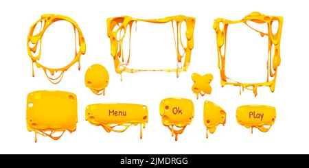 Boutons de fromage fondu, ensemble de dessins animés pour la conception d'interface utilisateur de jeu. Kit d'illustrations vectorielles de cadres jaunes ronds, carrés, rectangulaires vides, de barres de menu et de lecture, de flèches et de croix isolées sur fond blanc Illustration de Vecteur