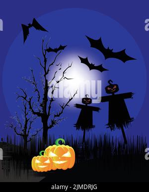 A Halloween night background wih two scary scarecrows, pumpkins and bats on a background of full moon Illustration de Vecteur