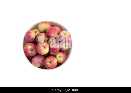Pommes rouges avec feuilles vertes dans un seau isolé sur blanc. Vue de dessus Banque D'Images