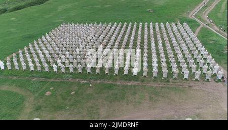 TONGLIAO, CHINE - le 2 AOÛT 2022 - photo aérienne prise le 2 août 2022 montre une statue de la formation militaire mongole du Yuan sur la montagne Khan à Holingol, to Banque D'Images