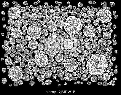 Motif floral sur le fond avec roses. Décoration de jardin en noir et blanc Zendoodle. Fleurs sur fond noir. Maquette de ligne Illustration de Vecteur