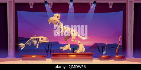 Dinosaure et squelettes de poissons dans l'image de dessin animé du musée de paléontologie. Illustration vectorielle d'objets de l'âge de pierre, d'anciens animaux préhistoriques os à l'exposition d'histoire. Découverte scientifique. Archéologie Illustration de Vecteur