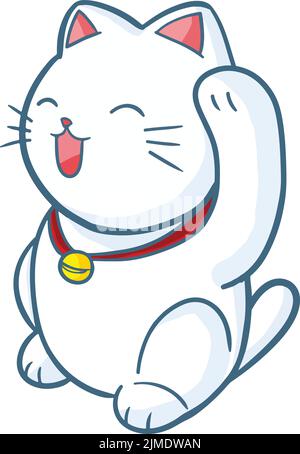 Illustration vectorielle d'un chat blanc agitant avec une cloche rouge sur son cou Illustration de Vecteur