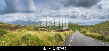 Route menant à travers la belle vallée avec des champs verts et des fermes, Dingle Peninsula Banque D'Images