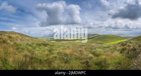 Grand panorama avec vallée, champs verdoyants, forêt et lac, entouré par les collines de la péninsule de Dingle Banque D'Images