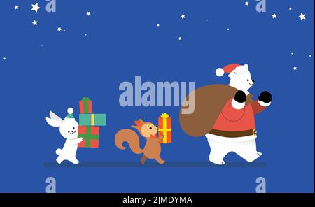 Carte vectorielle de Noël, trois animaux marchant avec des cadeaux, lapin, écureuil et ours polaire de santa Illustration de Vecteur