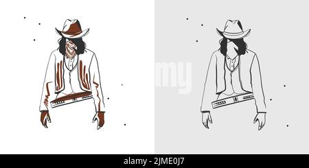Dessin à la main vecteur graphique clipart illustration boho cowboy man composition portrait.Western design concept.Bohemian sauvage ouest contemporain Illustration de Vecteur