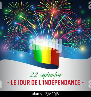 22 septembre, le jour de l'indépendance du mali. Drapeau et feux d'artifice colorés sur fond bleu ciel nocturne. Fête nationale du Mali. Carte de vœux. Modèle vectoriel Illustration de Vecteur