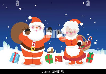 Santa Claus et Mme Claus carte ou bannière d'illustration vectorielle de noël. Les personnages de Noël agitant. Fond de neige avec cabine et cadeaux. Illustration de Vecteur