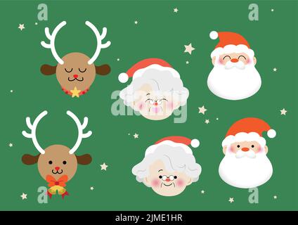 Jeu d'illustrations vectorielles plates visages de noël isolés. Le Père Noël et sa femme, Mme Claus, Rudolph le renne. Couple de personnes âgées Illustration de Vecteur