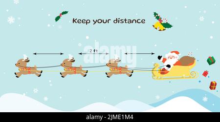 Conservez votre vecteur de carte de noël distance. Le Père Noël avec des rennes en traîneau sur fond de montagnes. Distance sociale en hiver Illustration de Vecteur