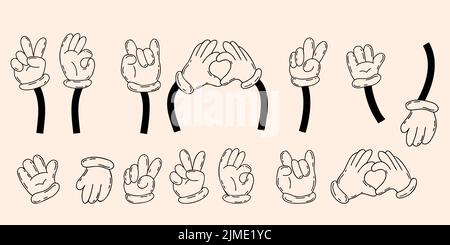 Mettez les mains comiques en gants, gestes - coeur, ok, bonjour, deux doigts. Illustration vectorielle. Caniche linéaire dessinée à la main. Élément décoratif de contour pour des Illustration de Vecteur