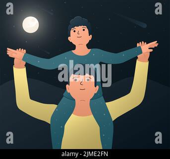 Père et fils. Illustration vectorielle d'un père heureux avec son fils assis sur ses épaules et regardant la nuit ciel étoilé an Banque D'Images