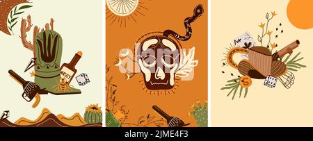 Affiche Wild West avec chapeau de cow-boy, cartes à jouer, crâne, serpent mystique, dés, pistolet et autre. Plus loin dans le Vieux Ouest dans un style plat. Illustration vectorielle Illustration de Vecteur