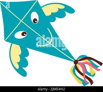 Cerf-volant. Jouet en papier bleu avec queue de ruban et visage amusant. Fête de Makar Sankranti. Festival d'été. Objet isolé planant dans le ciel. Extérieur Illustration de Vecteur