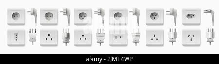 Prise et fiche réalistes. Chargeurs et adaptateurs électriques. 3D éléments intérieurs en plastique. Différents types. Détails de la page d'accueil. Circuit électrique Illustration de Vecteur