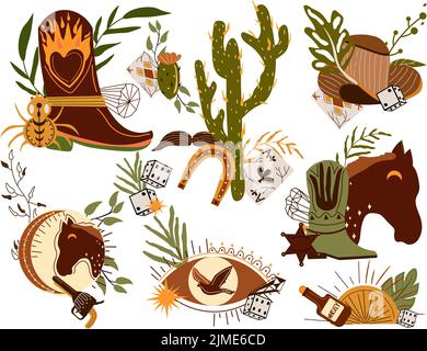Mettez en place une composition Wild West avec chapeau de cowboy, cartes à jouer, tête de cheval sauvage, dés, aigle volant et autres. Plus loin dans le Vieux Ouest dans un style plat. Illustration vectorielle Illustration de Vecteur