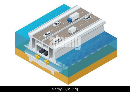 Centrale électrique à marée isométrique. Énergie renouvelable à partir de l'énergie marémotrice. Centrale électrique marémotrice Illustration de Vecteur