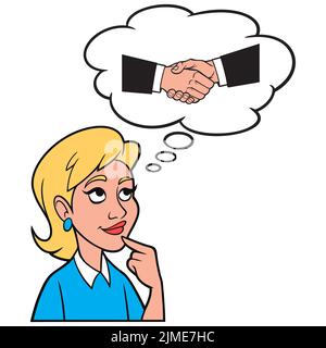 Fille penser à un Handshake - Une illustration de dessin animé d'une fille penser à un Handshake. Illustration de Vecteur