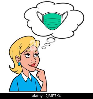 Fille penser à un masque de visage - Une illustration de dessin animé d'une fille penser à porter un masque de visage pour la protection. Illustration de Vecteur